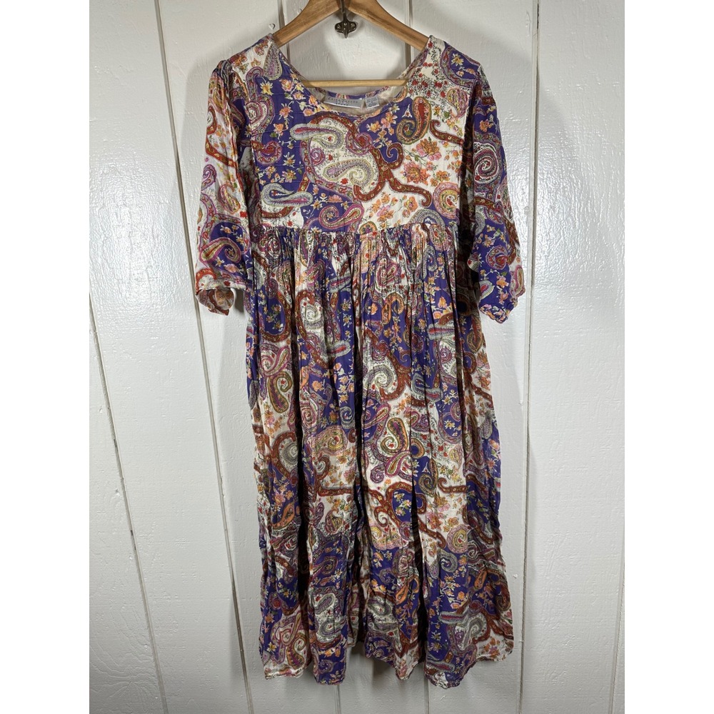 Erika Taylor Sport Dress Womens M Purple Paisley Floral Cotton Empire Midi Boho